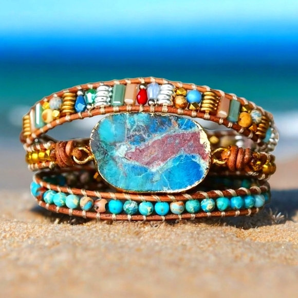 🆕️Boho-Chic 3-Layer Leather Wrap Bracelet | Chrysocolla Jasper 🌊 Natural Stone - Picture 6 of 11